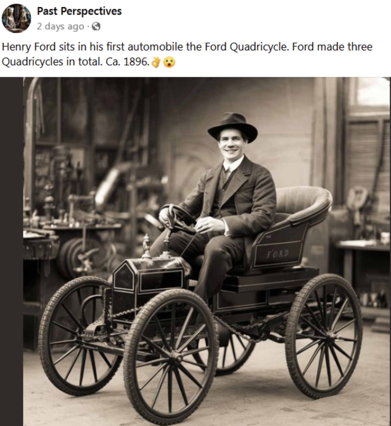 chaise - Past Perspectives 2 days ago. Henry Ford sits in his first automobile the Ford Quadricycle. Ford made three Quadricycles in total. Ca. 1896. Fold